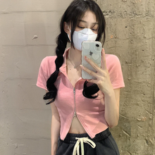 画像をギャラリービューアに読み込む, 半袖 Tシャツ レディース 夏 ダブル ジッパー 半袖 トップス イン トレンド スリム ポロカラー ショート トップ