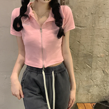 画像をギャラリービューアに読み込む, 半袖 Tシャツ レディース 夏 ダブル ジッパー 半袖 トップス イン トレンド スリム ポロカラー ショート トップ