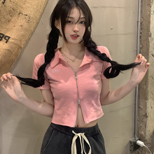 画像をギャラリービューアに読み込む, 半袖 Tシャツ レディース 夏 ダブル ジッパー 半袖 トップス イン トレンド スリム ポロカラー ショート トップ