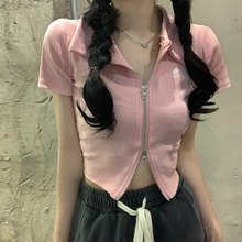 画像をギャラリービューアに読み込む, 半袖 Tシャツ レディース 夏 ダブル ジッパー 半袖 トップス イン トレンド スリム ポロカラー ショート トップ