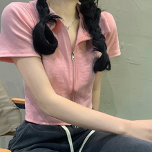 画像をギャラリービューアに読み込む, 半袖 Tシャツ レディース 夏 ダブル ジッパー 半袖 トップス イン トレンド スリム ポロカラー ショート トップ