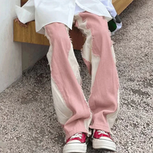 画像をギャラリービューアに読み込む, ジーンズ カラーブロック ルーズ スリム ワイドレッグ パンツ ハイウエスト ストレートパンツ レトロ パンツ