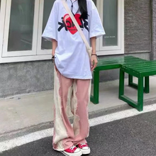 画像をギャラリービューアに読み込む, ジーンズ カラーブロック ルーズ スリム ワイドレッグ パンツ ハイウエスト ストレートパンツ レトロ パンツ