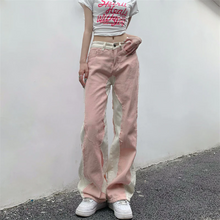 画像をギャラリービューアに読み込む, ジーンズ カラーブロック ルーズ スリム ワイドレッグ パンツ ハイウエスト ストレートパンツ レトロ パンツ