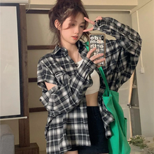 画像をギャラリービューアに読み込む, シャツジャケットチェック柄穴デザイン新しいレトロルーズ長袖シャツトップ韓国カジュアルジャケット
