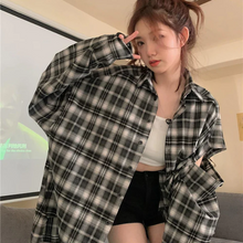 画像をギャラリービューアに読み込む, シャツジャケットチェック柄穴デザイン新しいレトロルーズ長袖シャツトップ韓国カジュアルジャケット