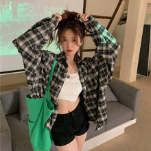 画像をギャラリービューアに読み込む, シャツジャケットチェック柄穴デザイン新しいレトロルーズ長袖シャツトップ韓国カジュアルジャケット