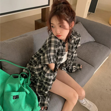 画像をギャラリービューアに読み込む, シャツジャケットチェック柄穴デザイン新しいレトロルーズ長袖シャツトップ韓国カジュアルジャケット