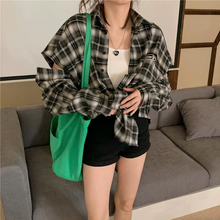 画像をギャラリービューアに読み込む, シャツジャケットチェック柄穴デザイン新しいレトロルーズ長袖シャツトップ韓国カジュアルジャケット