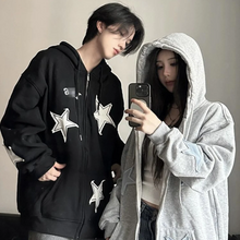 画像をギャラリービューアに読み込む, ルーズスターパッチカーディガンセータープラスベルベットジッパージャケット韓国語バージョンインカップルフード付きジャケット