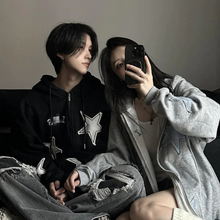 画像をギャラリービューアに読み込む, ルーズスターパッチカーディガンセータープラスベルベットジッパージャケット韓国語バージョンインカップルフード付きジャケット