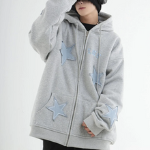 画像をギャラリービューアに読み込む, ルーズスターパッチカーディガンセータープラスベルベットジッパージャケット韓国語バージョンインカップルフード付きジャケット