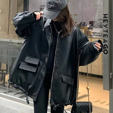 画像をギャラリービューアに読み込む, 新しいゆったりレトロなレザーのワークジャケット女性の高級デザイン感黒ジャケットトレンド