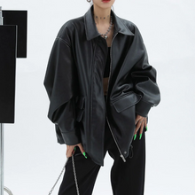 画像をギャラリービューアに読み込む, 新しいゆったりレトロなレザーのワークジャケット女性の高級デザイン感黒ジャケットトレンド