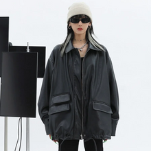 画像をギャラリービューアに読み込む, 新しいゆったりレトロなレザーのワークジャケット女性の高級デザイン感黒ジャケットトレンド