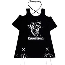 画像をギャラリービューアに読み込む, デザインゆったりミドル丈Tシャツオープンショルダー ボウタイ Tシャツ原宿系ダンス洋服