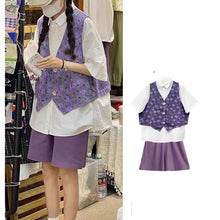 画像をギャラリービューアに読み込む, 学院風スクールスタイル 半袖シャツ&花柄ベスト&ショートパンツ 3点セットレデイーズ