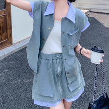 画像をギャラリービューアに読み込む, デニム×シャツ パッチワーク セットアップ 夏新作 おしゃれ2点セット トップス&ショートスカート レディース