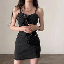 画像をギャラリービューアに読み込む, 韓国ファッションノースリーブデニム キャミソールワンピースレデイーズ