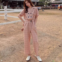 画像をギャラリービューアに読み込む, 春夏新作 ハイウエストチェック カジュアルストレートジャンプスーツ レディース スリミング効果