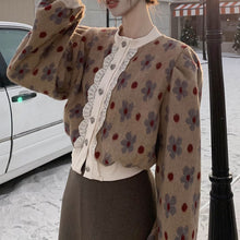 画像をギャラリービューアに読み込む, レトロ花の継ぎ合わせニットセーターショート長袖トップスフレンチレトロトップス