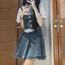 画像をギャラリービューアに読み込む, レトロチックデニムセットワンピース(3点セット)リトルガール向けサマースタイル タンクトップ/半袖シャツ/デニムスカート