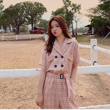 画像をギャラリービューアに読み込む, 春夏新作 ハイウエストチェック カジュアルストレートジャンプスーツ レディース スリミング効果