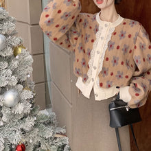 画像をギャラリービューアに読み込む, レトロ花の継ぎ合わせニットセーターショート長袖トップスフレンチレトロトップス