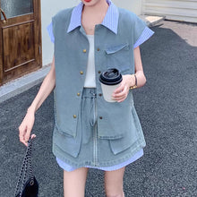 画像をギャラリービューアに読み込む, デニム×シャツ パッチワーク セットアップ 夏新作 おしゃれ2点セット トップス&ショートスカート レディース