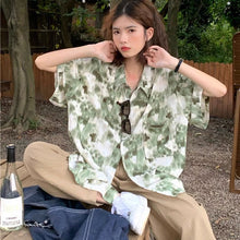 画像をギャラリービューアに読み込む, 原宿系水墨画タイダイ半袖花柄シャツトップスレデイーズ