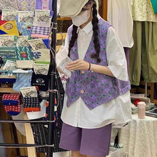 画像をギャラリービューアに読み込む, 学院風スクールスタイル 半袖シャツ&花柄ベスト&ショートパンツ 3点セットレデイーズ