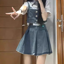 画像をギャラリービューアに読み込む, レトロチックデニムセットワンピース(3点セット)リトルガール向けサマースタイル タンクトップ/半袖シャツ/デニムスカート