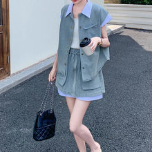 画像をギャラリービューアに読み込む, デニム×シャツ パッチワーク セットアップ 夏新作 おしゃれ2点セット トップス&ショートスカート レディース