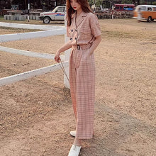 画像をギャラリービューアに読み込む, 春夏新作 ハイウエストチェック カジュアルストレートジャンプスーツ レディース スリミング効果
