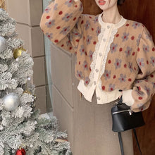 画像をギャラリービューアに読み込む, レトロ花の継ぎ合わせニットセーターショート長袖トップスフレンチレトロトップス