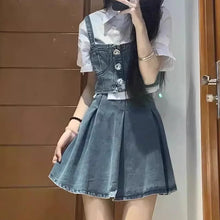 画像をギャラリービューアに読み込む, レトロチックデニムセットワンピース(3点セット)リトルガール向けサマースタイル タンクトップ/半袖シャツ/デニムスカート