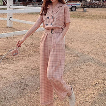 画像をギャラリービューアに読み込む, 春夏新作 ハイウエストチェック カジュアルストレートジャンプスーツ レディース スリミング効果