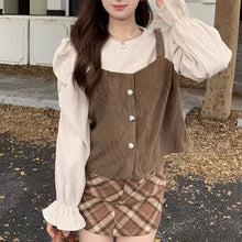画像をギャラリービューアに読み込む, レトロ韓国ファッションコーデュロイパフスリーブトップスシャツレデイーズカジュアル
