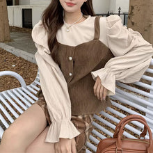 画像をギャラリービューアに読み込む, レトロ韓国ファッションコーデュロイパフスリーブトップスシャツレデイーズカジュアル