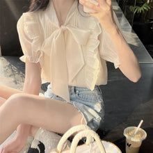 画像をギャラリービューアに読み込む, 韓国っぱ半袖 おしゃれアーリボンブラウスシャツトップスファッション通勤シャツ