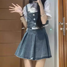 画像をギャラリービューアに読み込む, レトロチックデニムセットワンピース(3点セット)リトルガール向けサマースタイル タンクトップ/半袖シャツ/デニムスカート