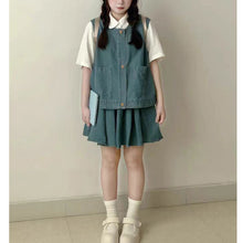 画像をギャラリービューアに読み込む, 夏新作 レトロ学園風 デニムベスト&半袖シャツ&ハイウエストスカート 3点セット ペティット向け
