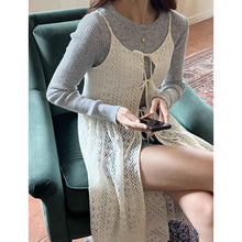 画像をギャラリービューアに読み込む, 韓国ファッショントップスラウンドネック中空カーディガン シースルーレーススリップドレスレデイーズ