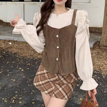 画像をギャラリービューアに読み込む, レトロ韓国ファッションコーデュロイパフスリーブトップスシャツレデイーズカジュアル