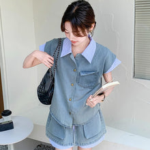 画像をギャラリービューアに読み込む, デニム×シャツ パッチワーク セットアップ 夏新作 おしゃれ2点セット トップス&ショートスカート レディース