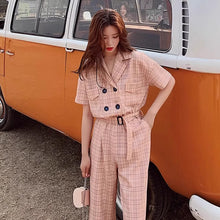 画像をギャラリービューアに読み込む, 春夏新作 ハイウエストチェック カジュアルストレートジャンプスーツ レディース スリミング効果