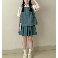 画像をギャラリービューアに読み込む, 夏新作 レトロ学園風 デニムベスト&半袖シャツ&ハイウエストスカート 3点セット ペティット向け