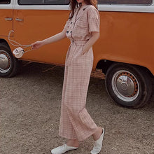 画像をギャラリービューアに読み込む, 春夏新作 ハイウエストチェック カジュアルストレートジャンプスーツ レディース スリミング効果