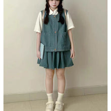 画像をギャラリービューアに読み込む, 夏新作 レトロ学園風 デニムベスト&半袖シャツ&ハイウエストスカート 3点セット ペティット向け