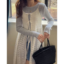 画像をギャラリービューアに読み込む, 韓国ファッショントップスラウンドネック中空カーディガン シースルーレーススリップドレスレデイーズ